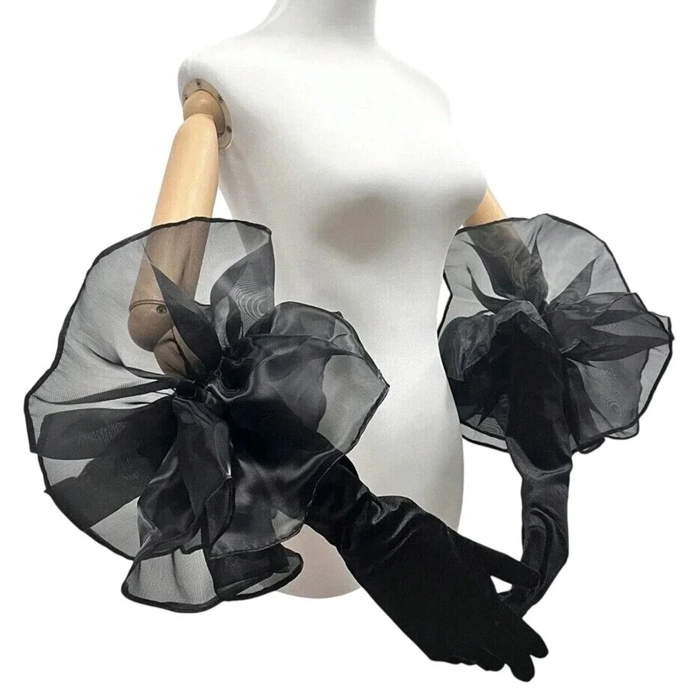 New Black Velvet Opera Evening Gloves Large Tulle Puff Vintage Style Long Formal